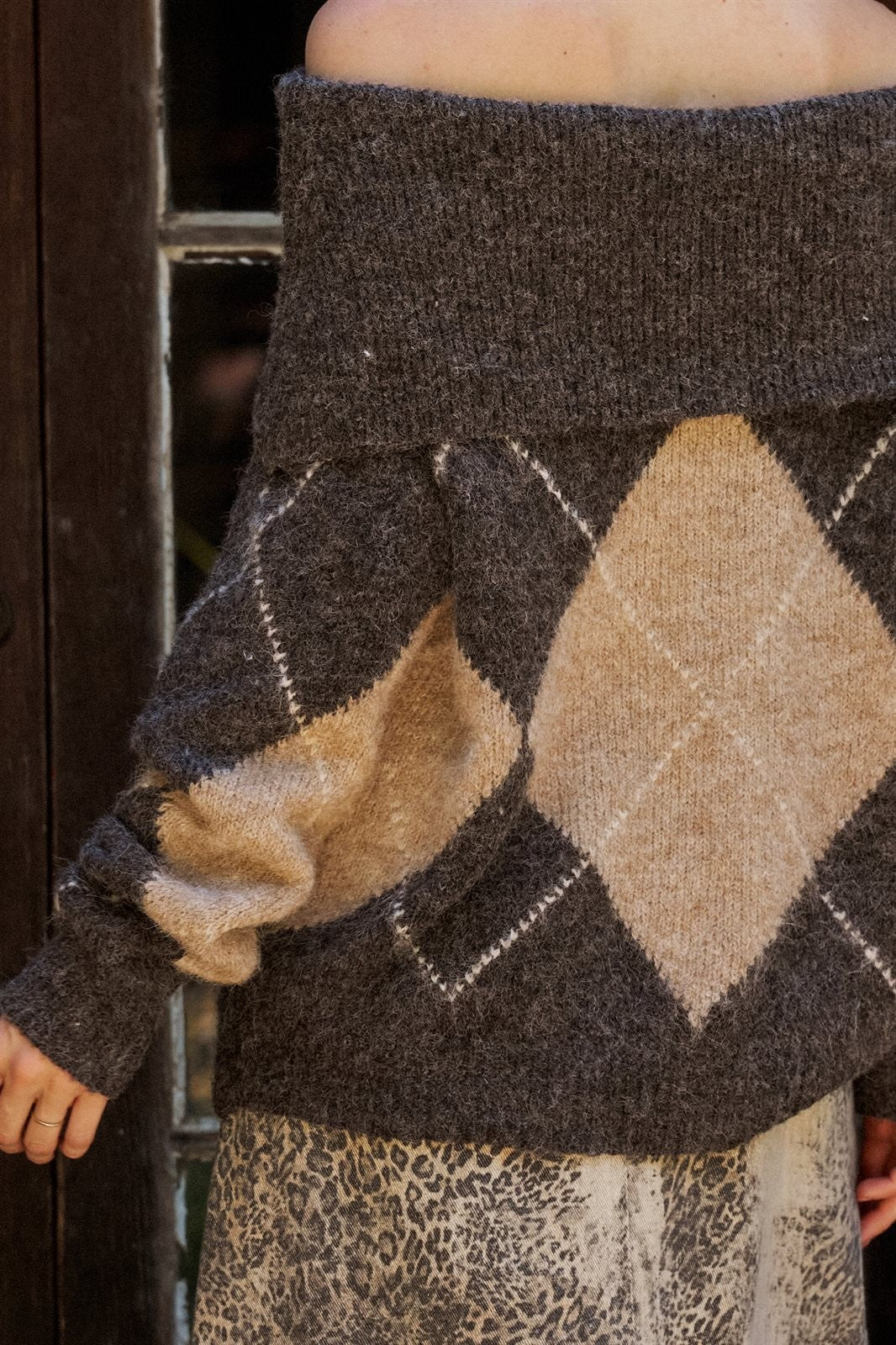 Argyle Knit Sweater with Convertible Cowl Neck in Brown - Women's Sweaters | Urban Daizy