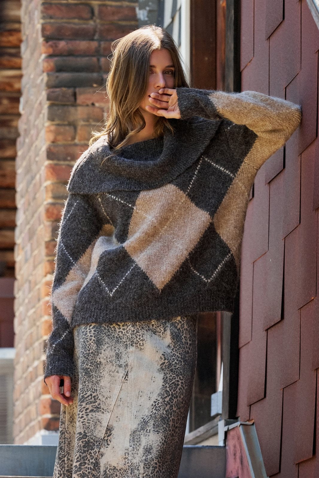 Argyle Knit Sweater with Convertible Cowl Neck in Brown - Women's Sweaters | Urban Daizy