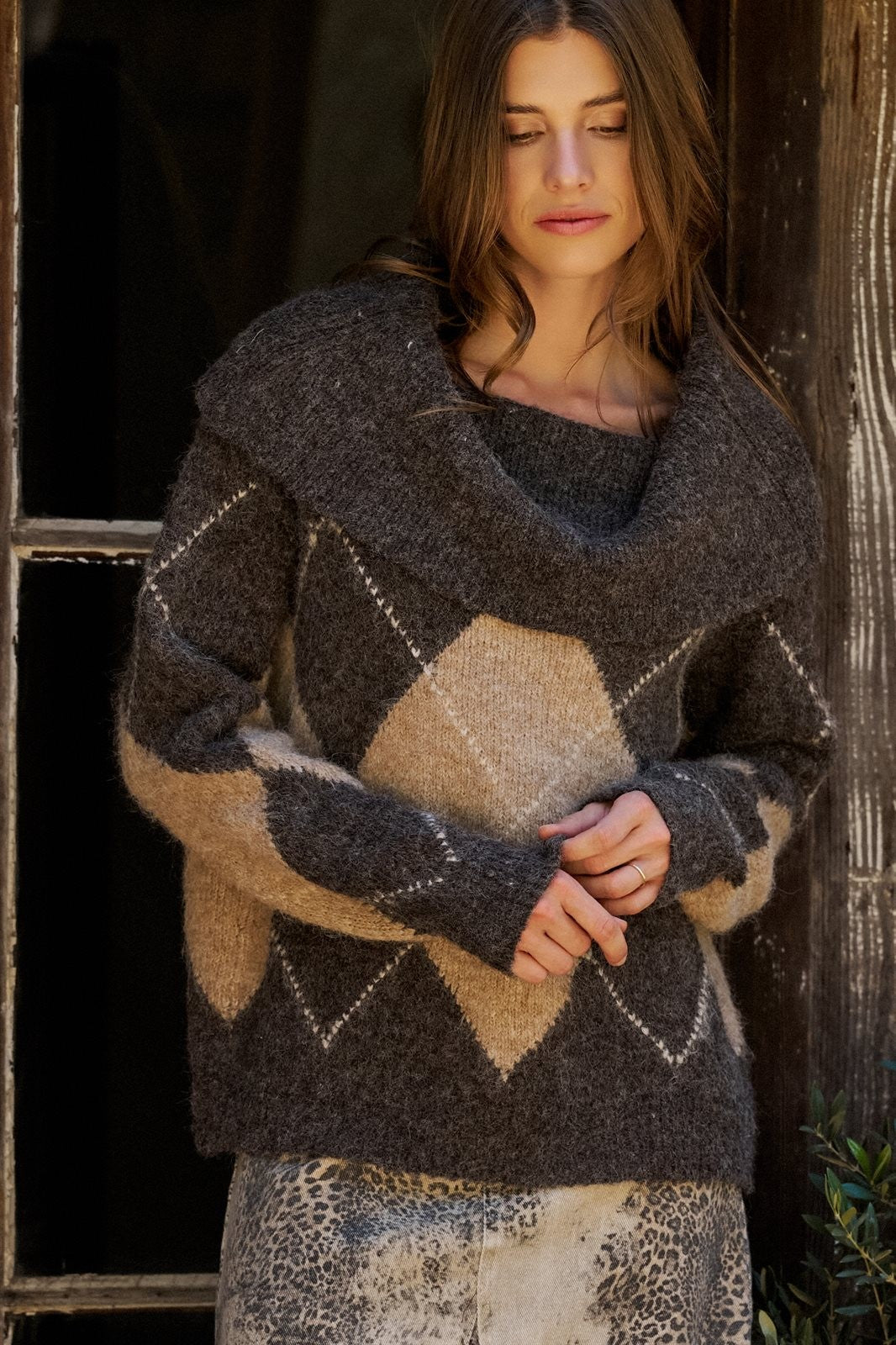Argyle Knit Sweater with Convertible Cowl Neck in Brown - Women's Sweaters | Urban Daizy