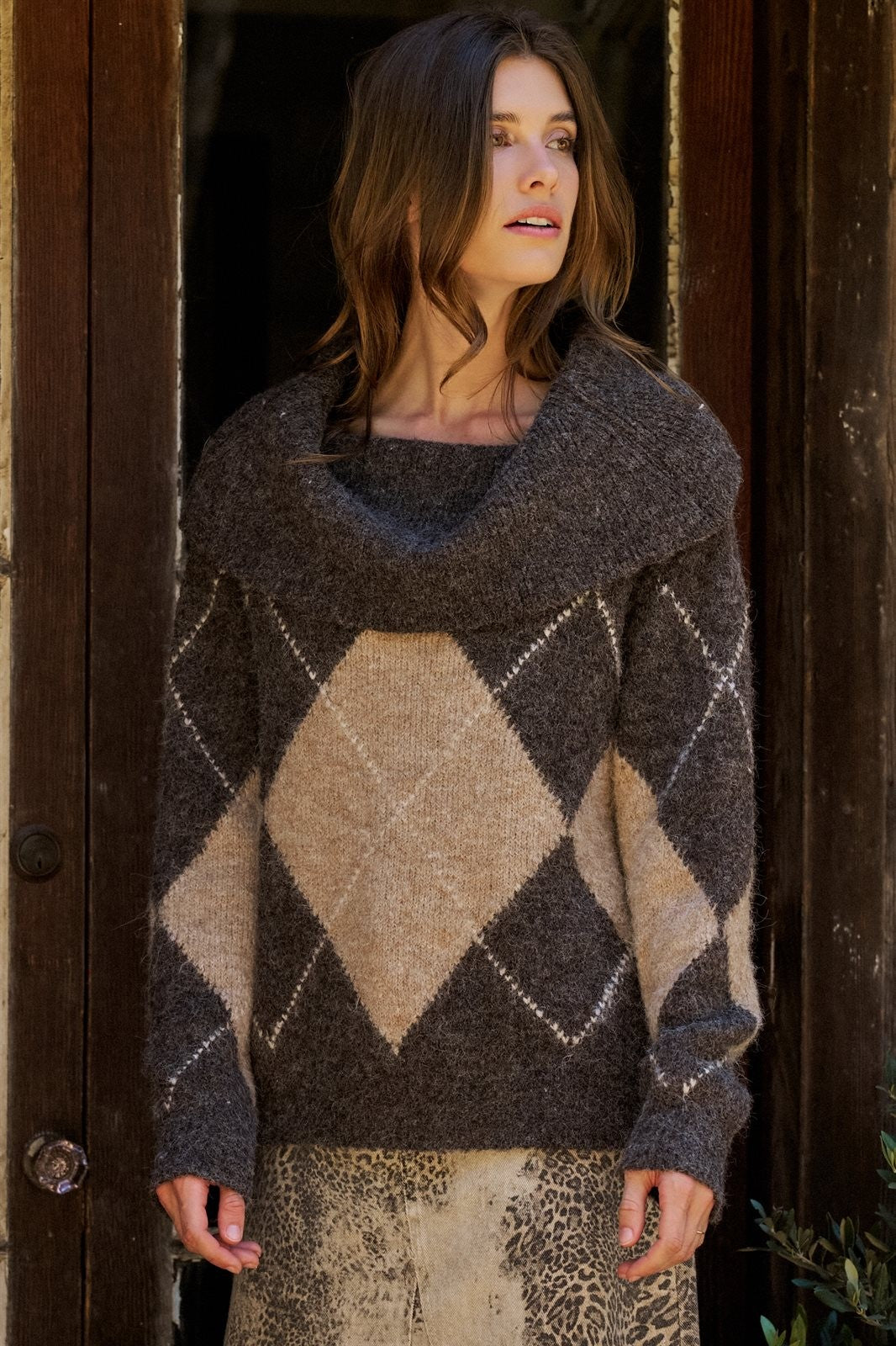 Argyle Knit Sweater with Convertible Cowl Neck in Brown - Women's Sweaters | Urban Daizy