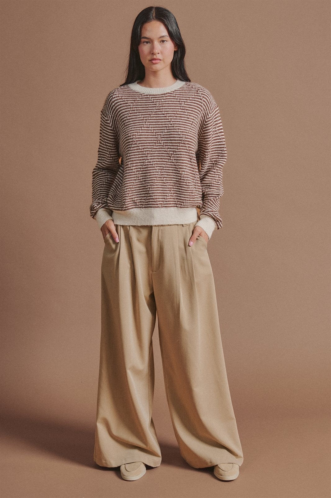 Textured Stripe Diamond Knit Sweater in Brown - Women's Sweaters | Urban Daizy