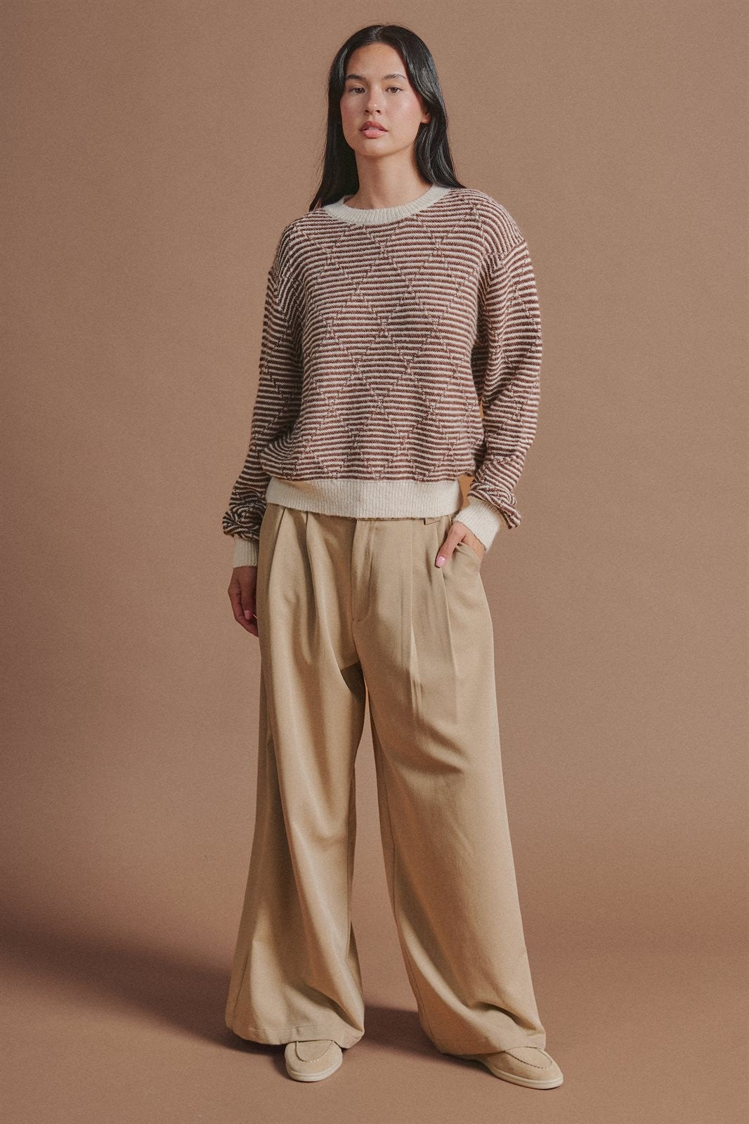 Textured Stripe Diamond Knit Sweater in Brown - Women's Sweaters | Urban Daizy