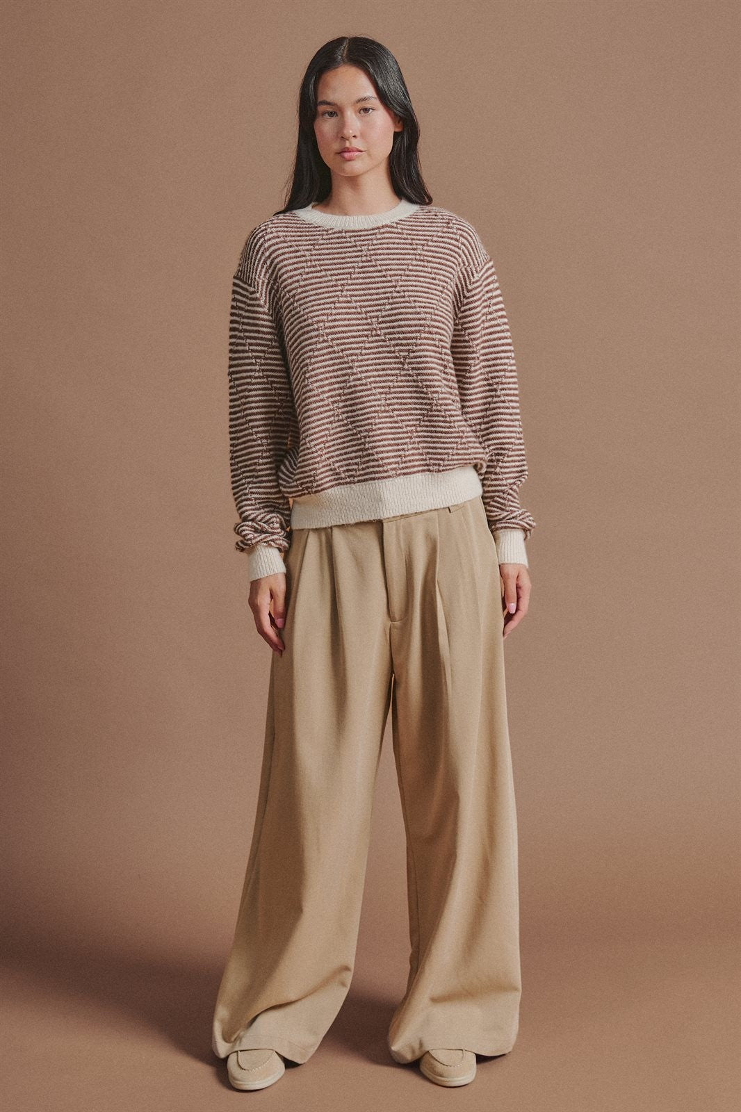 Textured Stripe Diamond Knit Sweater in Brown - Women's Sweaters | Urban Daizy