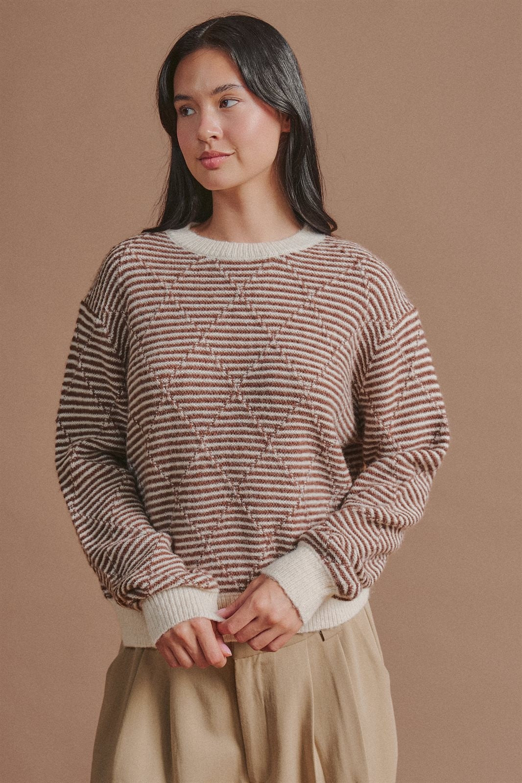 Textured Stripe Diamond Knit Sweater in Brown - Women's Sweaters | Urban Daizy