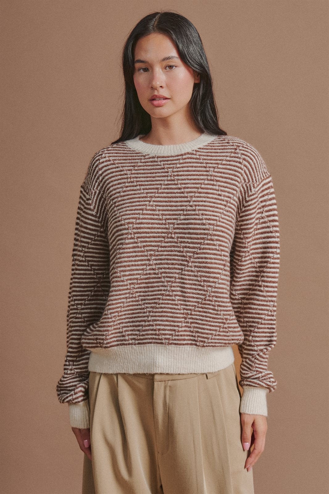 Textured Stripe Diamond Knit Sweater in Brown - Women's Sweaters | Urban Daizy