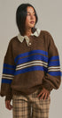Striped Rugby Polo Sweater With Contrast Collar in Brown - Women's Sweaters | Urban Daizy