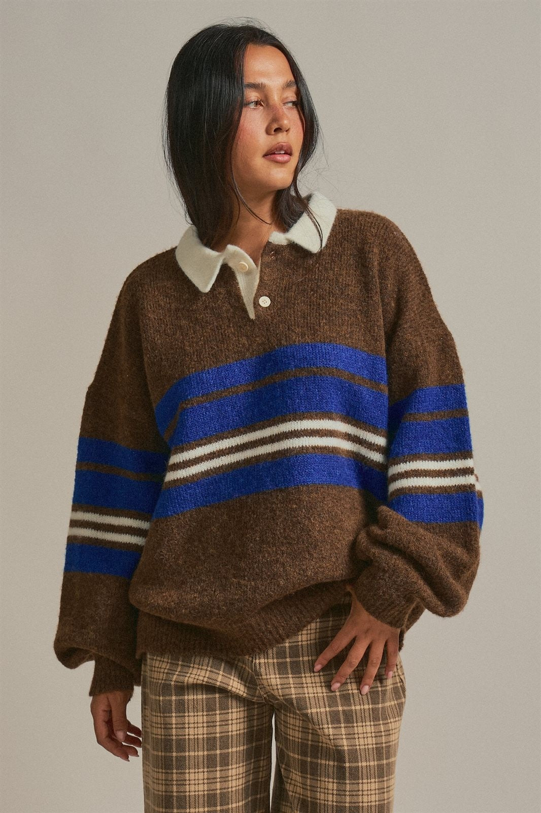 Striped Rugby Polo Sweater With Contrast Collar in Brown - Women's Sweaters | Urban Daizy