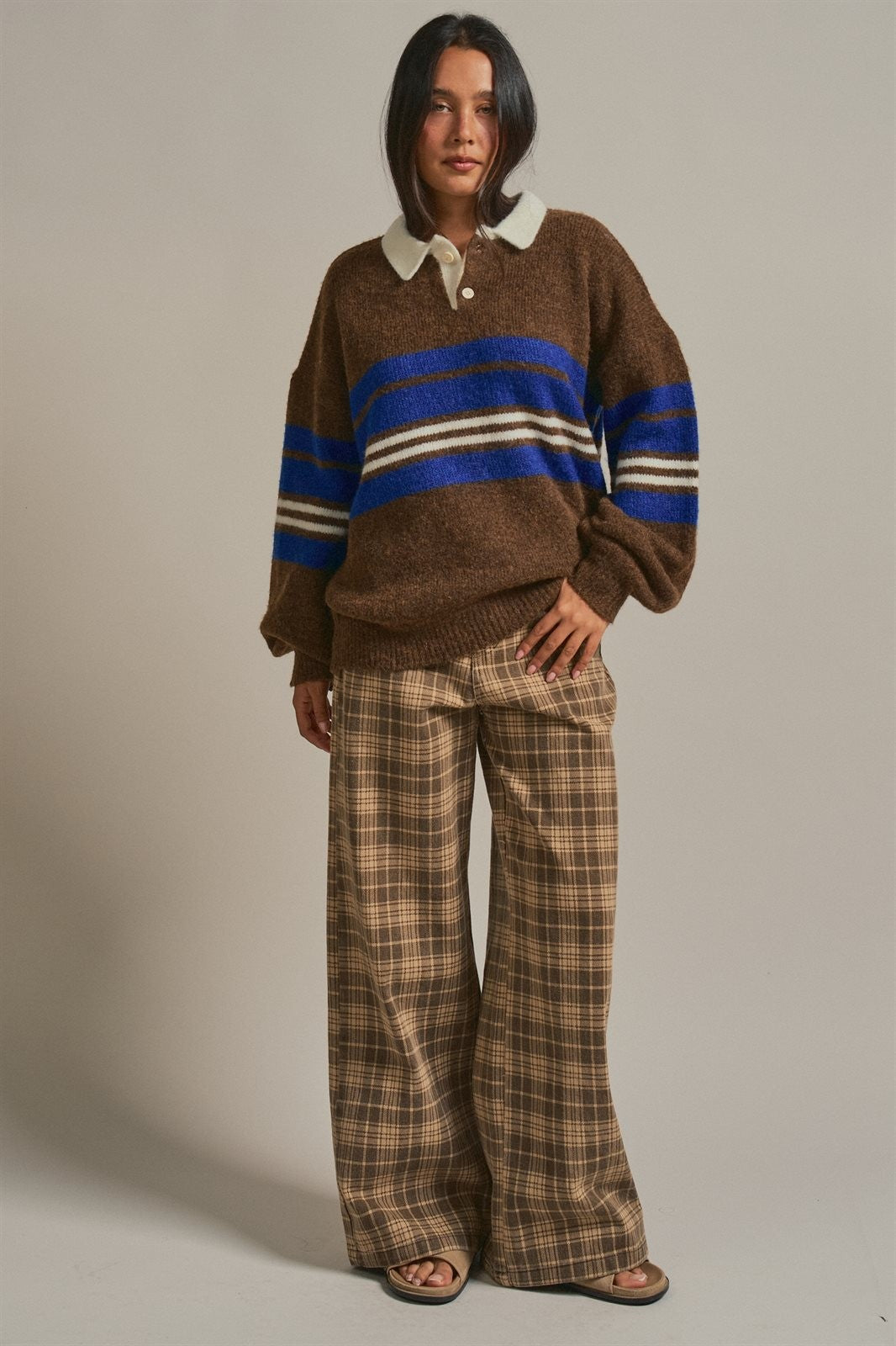 Striped Rugby Polo Sweater With Contrast Collar in Brown - Women's Sweaters | Urban Daizy
