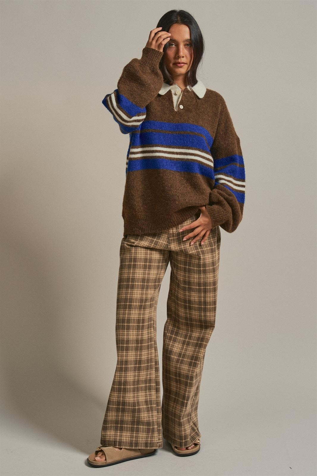 Striped Rugby Polo Sweater With Contrast Collar in Brown - Women's Sweaters | Urban Daizy
