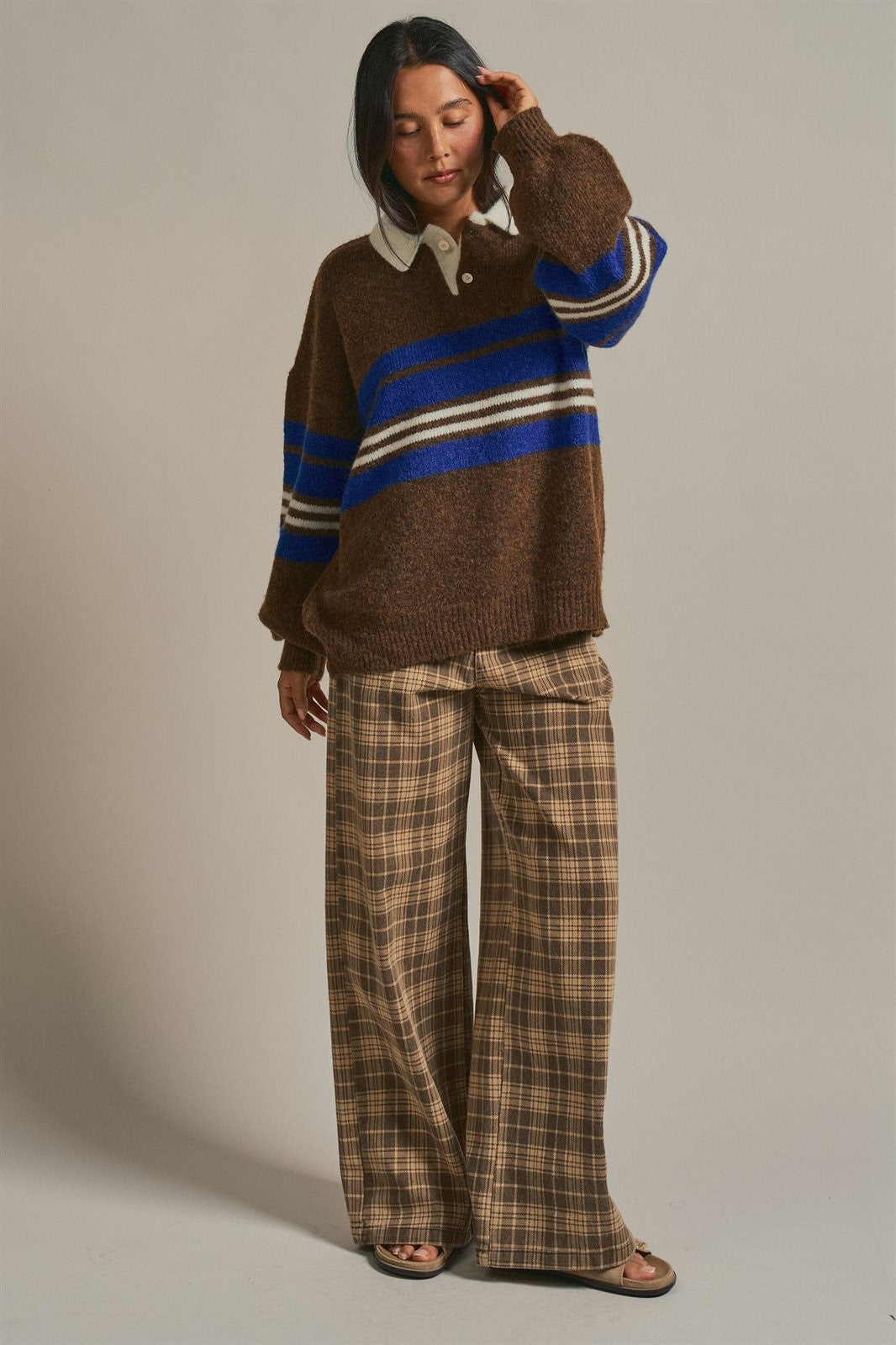 Striped Rugby Polo Sweater With Contrast Collar in Brown - Women's Sweaters | Urban Daizy