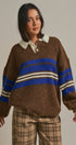 Striped Rugby Polo Sweater With Contrast Collar in Brown - Women's Sweaters | Urban Daizy