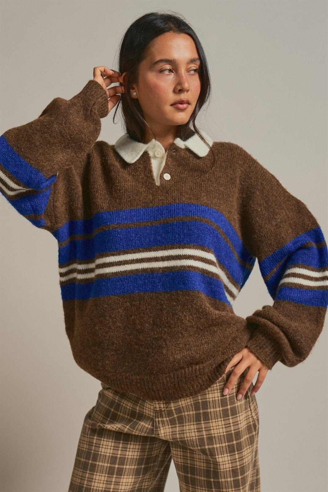 Striped Rugby Polo Sweater With Contrast Collar in Brown - Women's Sweaters | Urban Daizy
