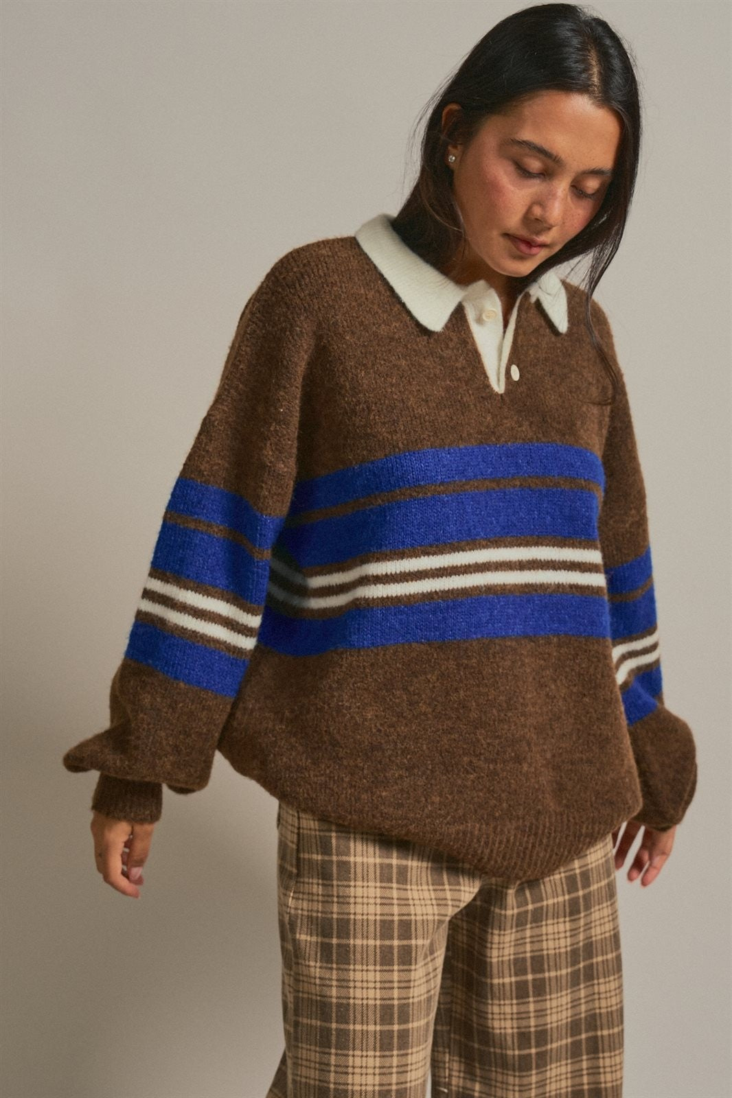Striped Rugby Polo Sweater With Contrast Collar in Brown - Women's Sweaters | Urban Daizy