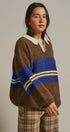Striped Rugby Polo Sweater With Contrast Collar in Brown - Women's Sweaters | Urban Daizy