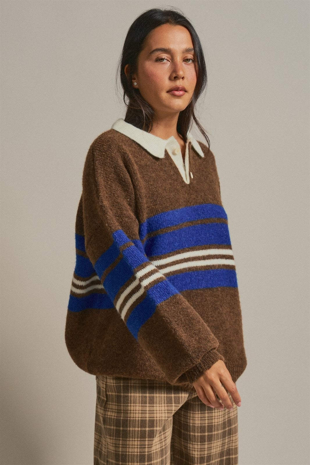 Striped Rugby Polo Sweater With Contrast Collar in Brown - Women's Sweaters | Urban Daizy