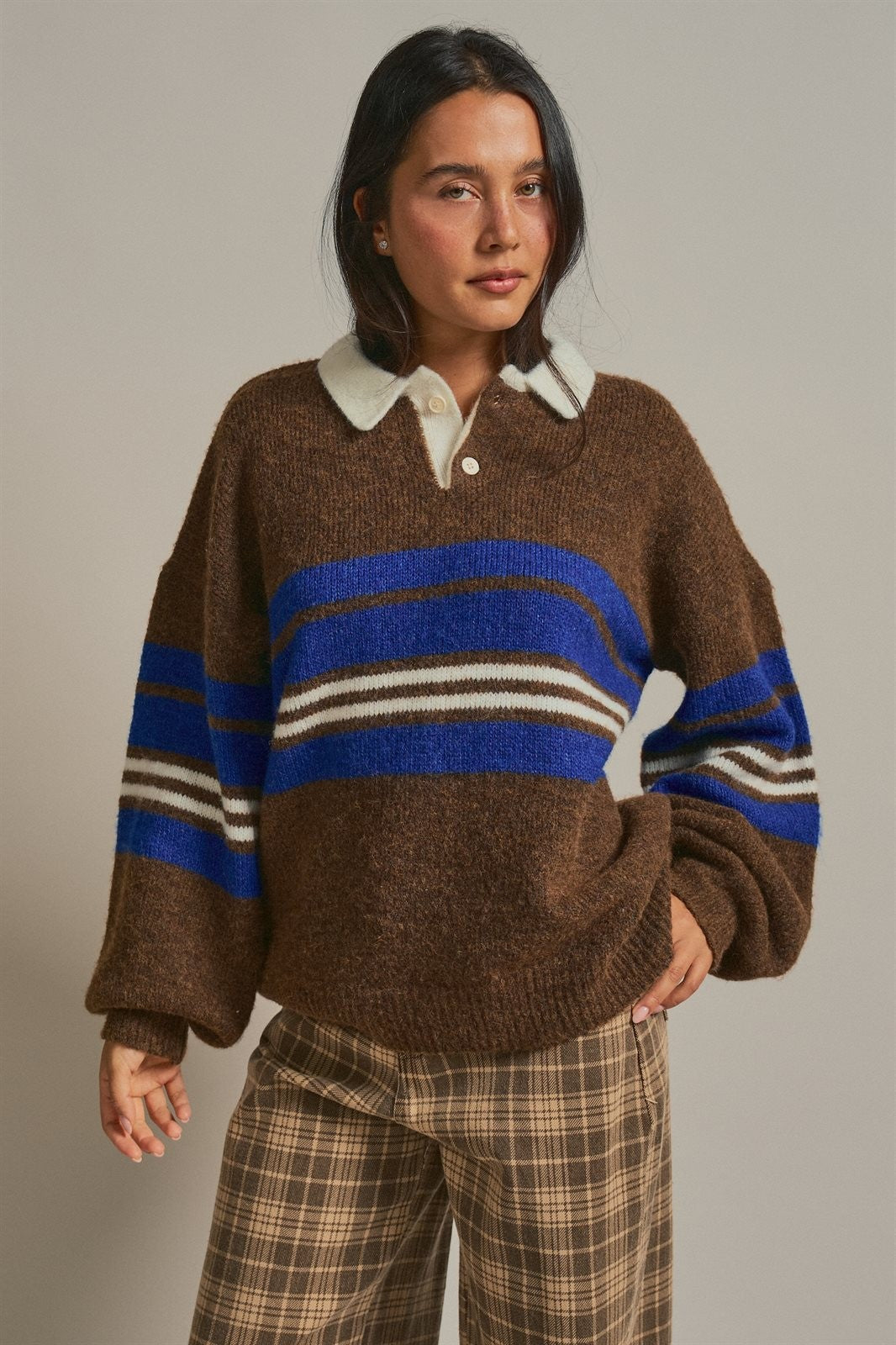 Striped Rugby Polo Sweater With Contrast Collar in Brown - Women's Sweaters | Urban Daizy