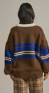 Striped Rugby Polo Sweater With Contrast Collar in Brown - Women's Sweaters | Urban Daizy