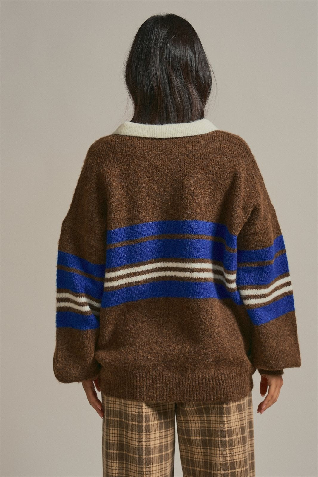 Striped Rugby Polo Sweater With Contrast Collar in Brown - Women's Sweaters | Urban Daizy