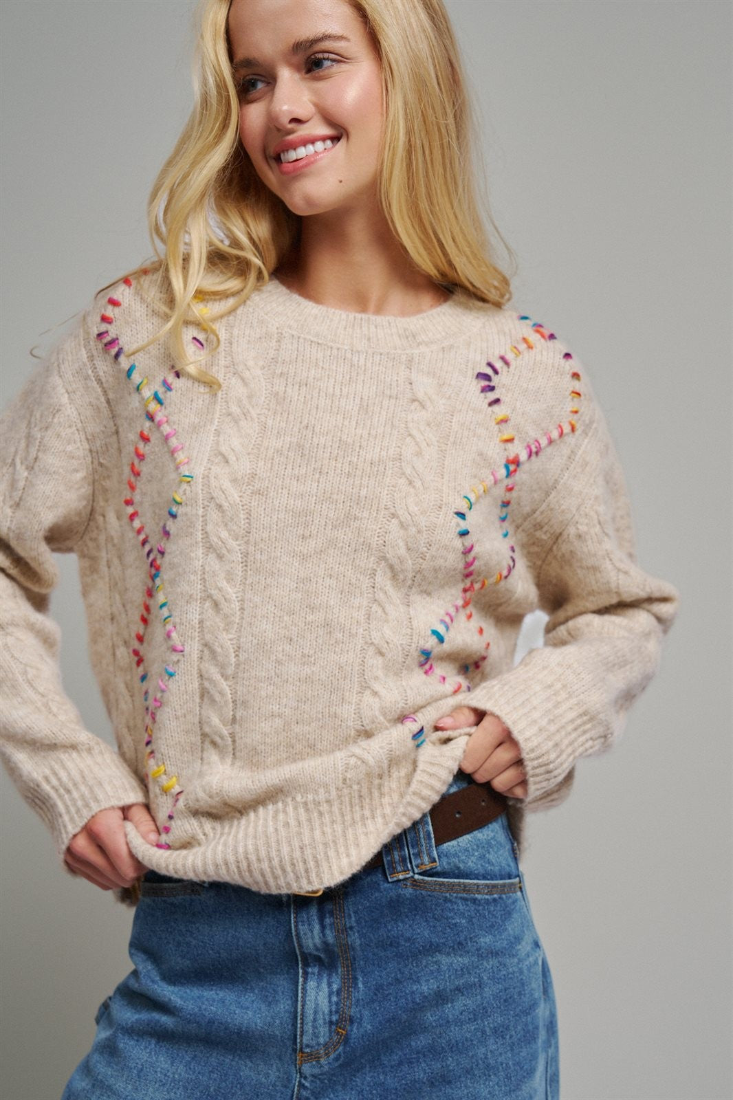 Boho Rainbow Stitch Cable Knit Sweater in Natural - Women's Sweaters | Urban Daizy