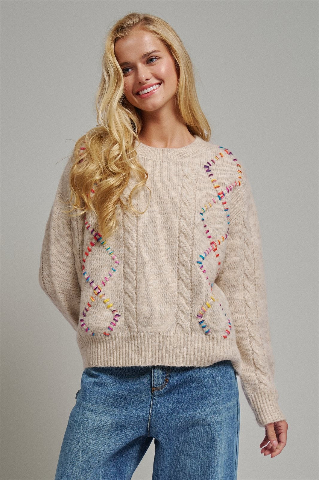 Boho Rainbow Stitch Cable Knit Sweater in Natural - Women's Sweaters | Urban Daizy