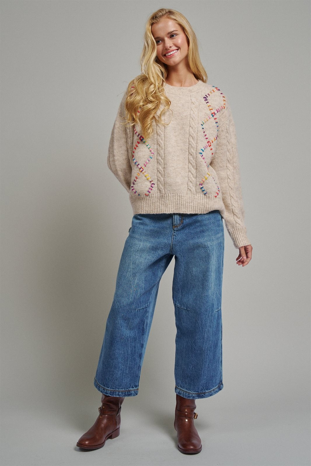 Boho Rainbow Stitch Cable Knit Sweater in Natural - Women's Sweaters | Urban Daizy
