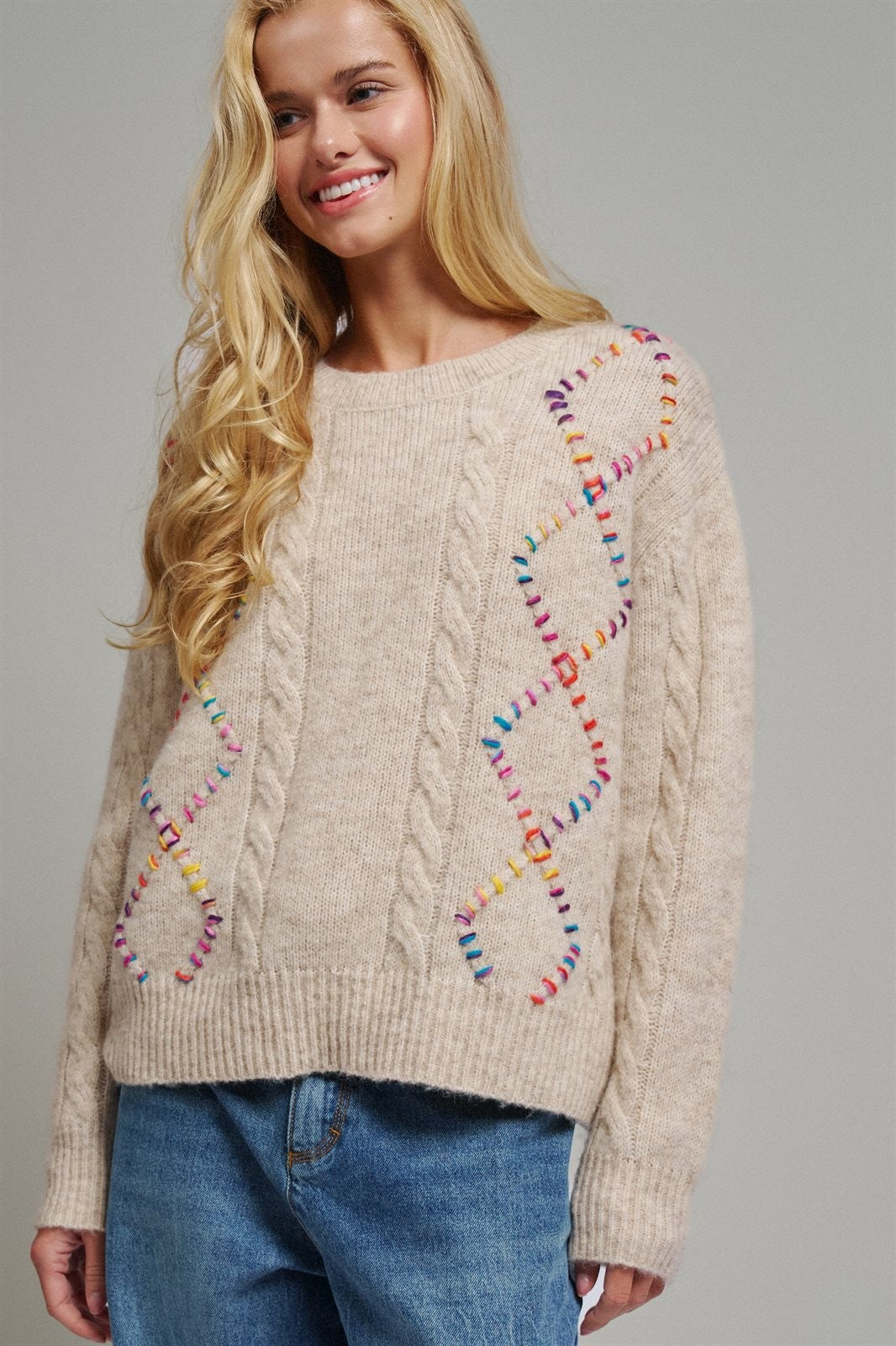 Boho Rainbow Stitch Cable Knit Sweater in Natural - Women's Sweaters | Urban Daizy