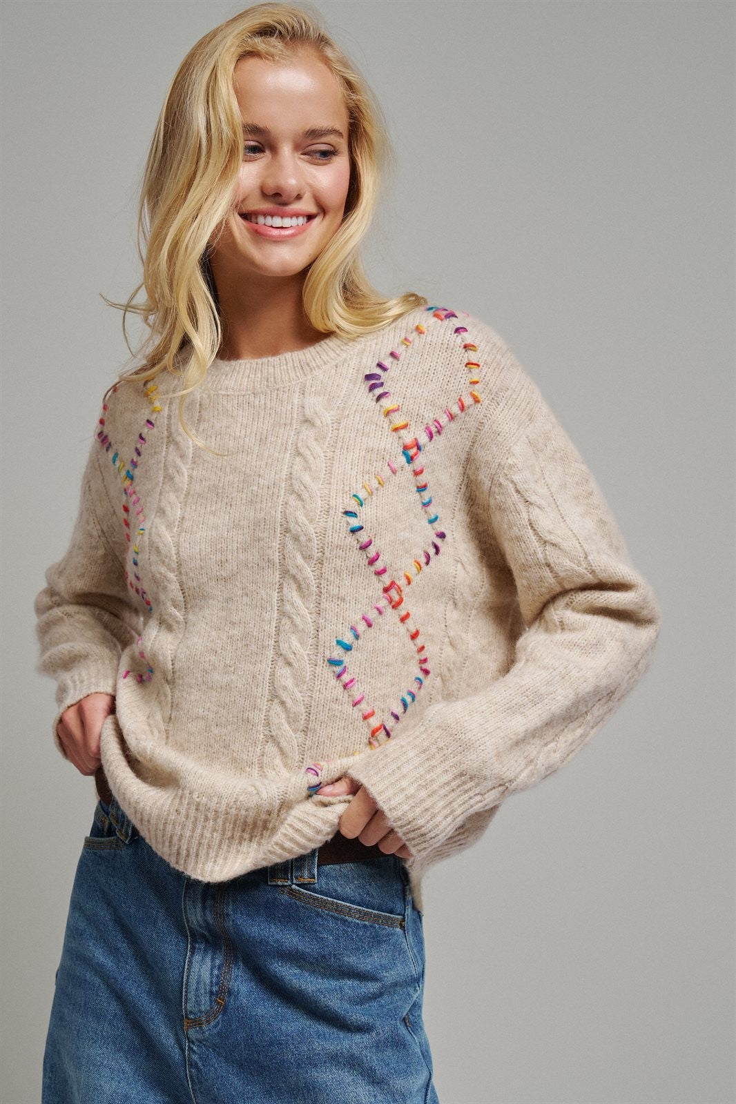 Boho Rainbow Stitch Cable Knit Sweater in Natural - Women's Sweaters | Urban Daizy