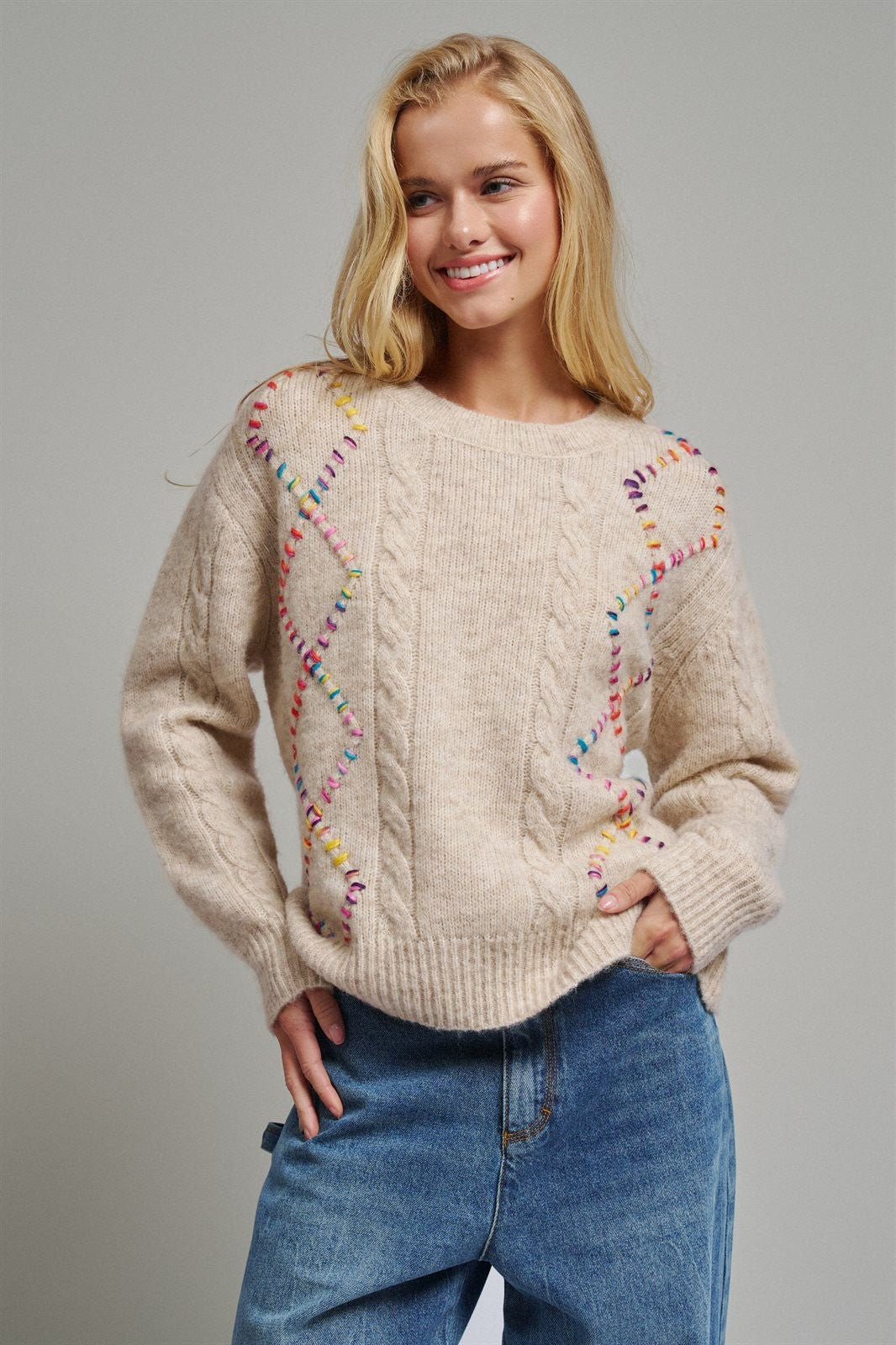 Boho Rainbow Stitch Cable Knit Sweater in Natural - Women's Sweaters | Urban Daizy