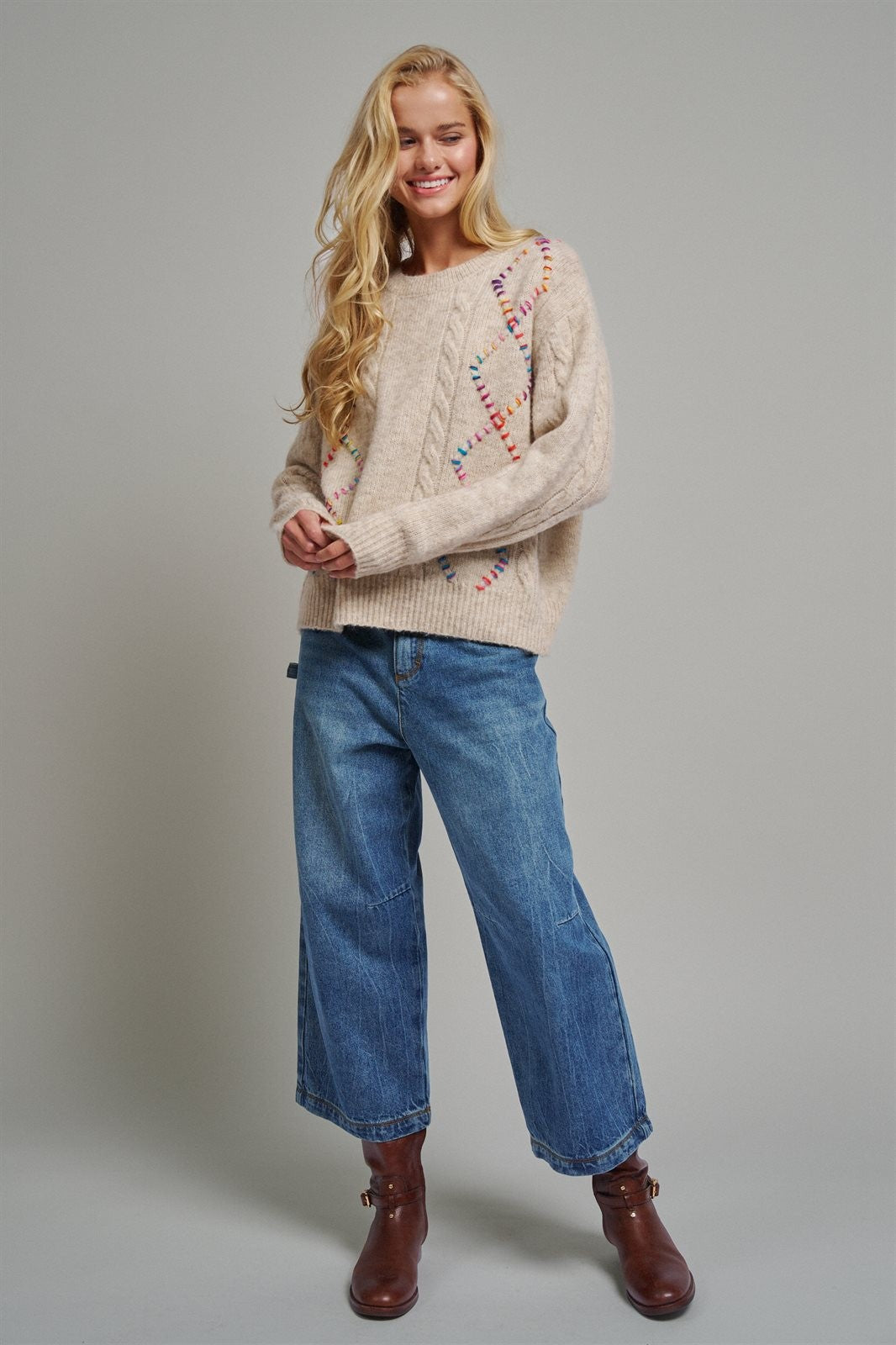 Boho Rainbow Stitch Cable Knit Sweater in Natural - Women's Sweaters | Urban Daizy