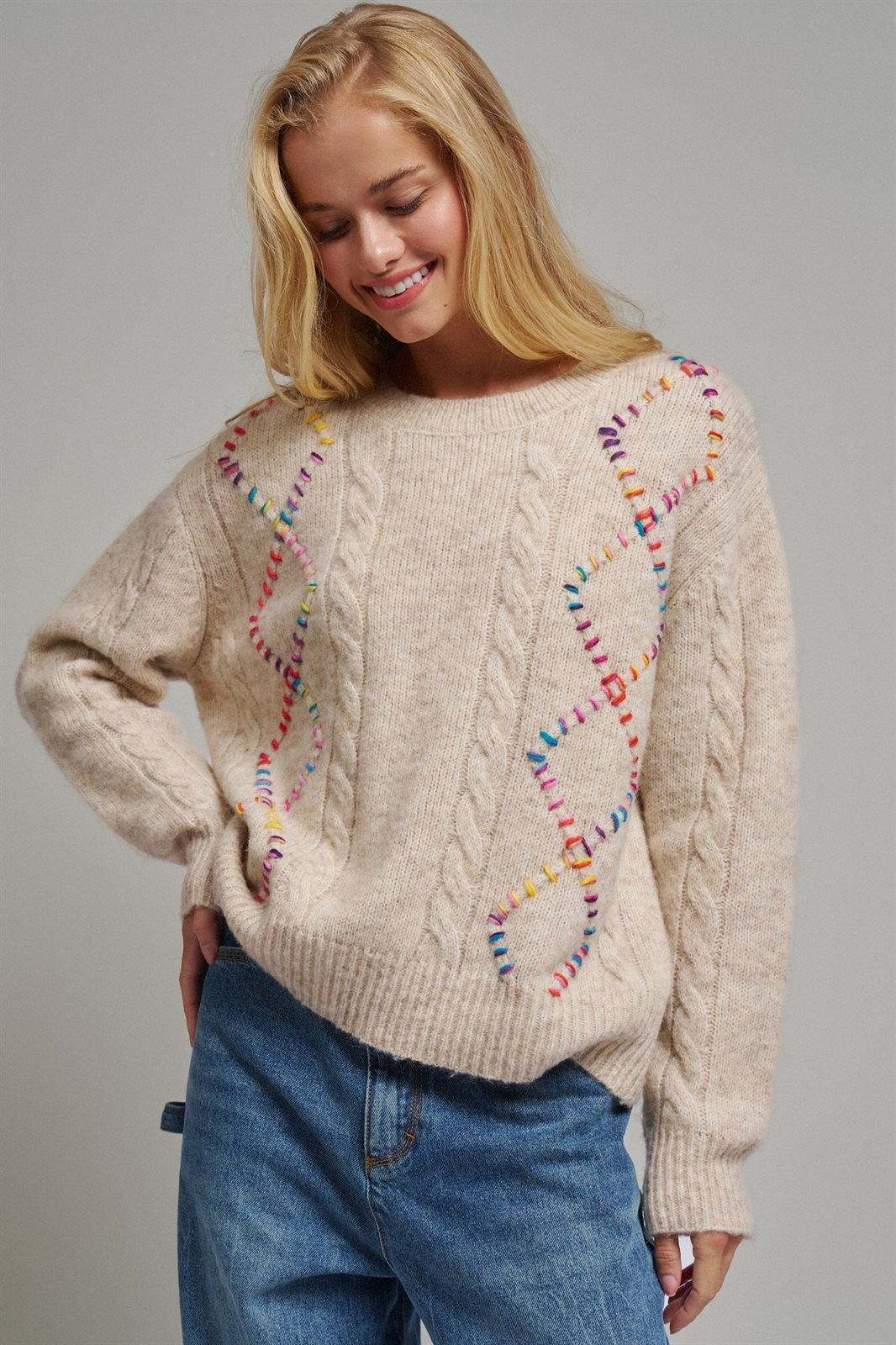 Boho Rainbow Stitch Cable Knit Sweater in Natural - Women's Sweaters | Urban Daizy