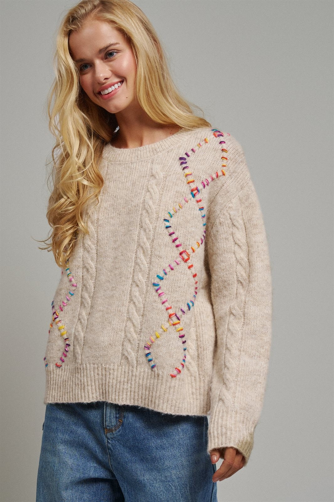 Boho Rainbow Stitch Cable Knit Sweater in Natural - Women's Sweaters | Urban Daizy
