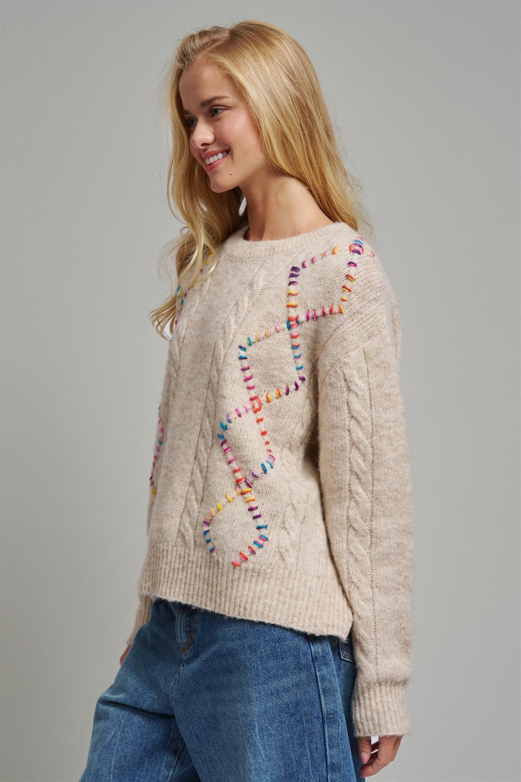 Boho Rainbow Stitch Cable Knit Sweater in Natural - Women's Sweaters | Urban Daizy