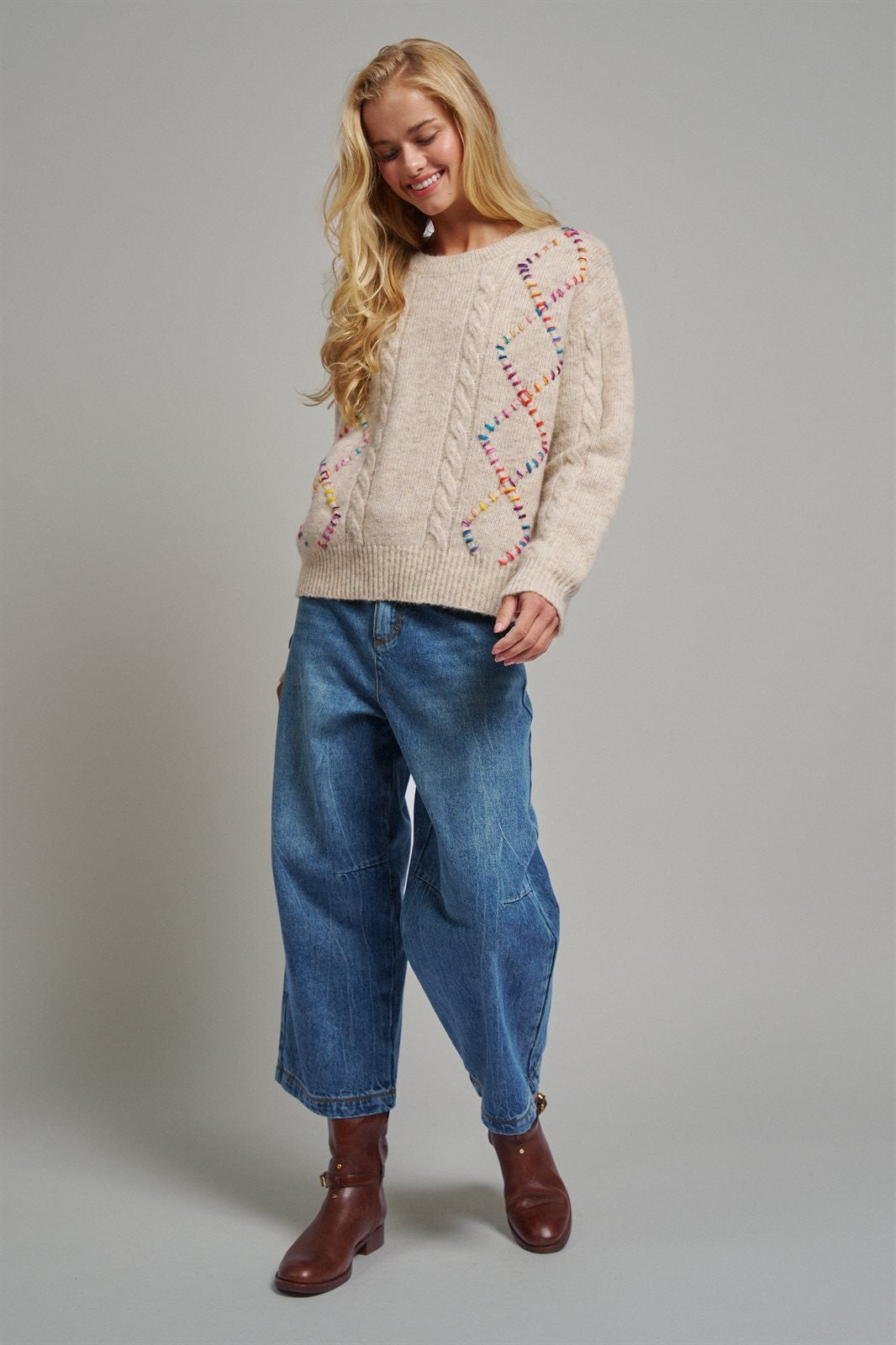 Boho Rainbow Stitch Cable Knit Sweater in Natural - Women's Sweaters | Urban Daizy