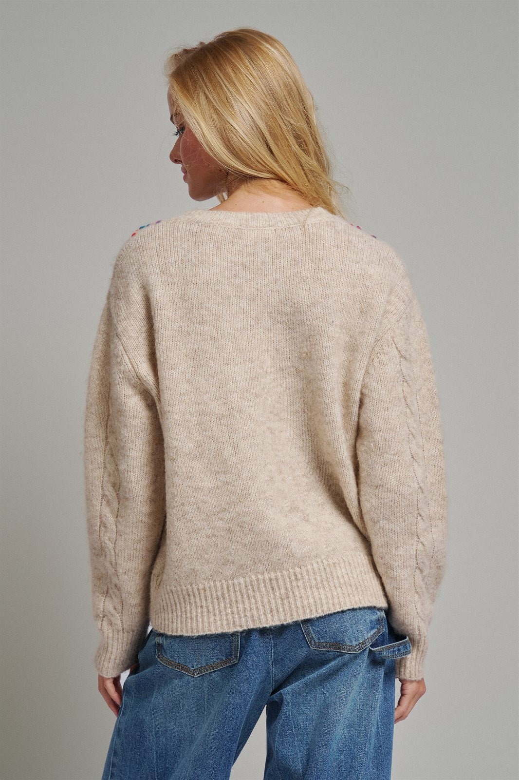 Boho Rainbow Stitch Cable Knit Sweater in Natural - Women's Sweaters | Urban Daizy