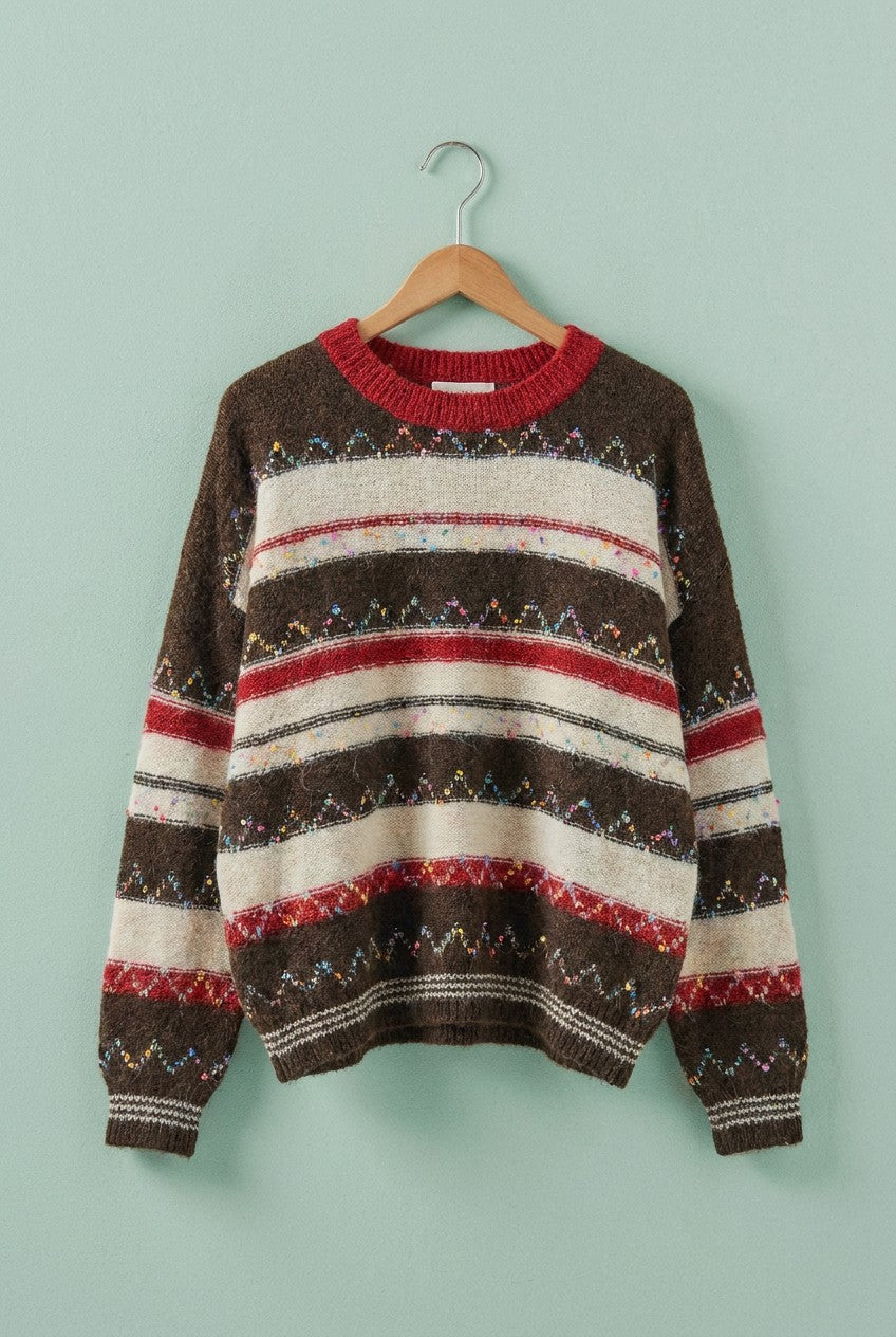 Fair Isle Stripe Fuzzy Knit Sweater in Brown - Women's Sweaters | Urban Daizy