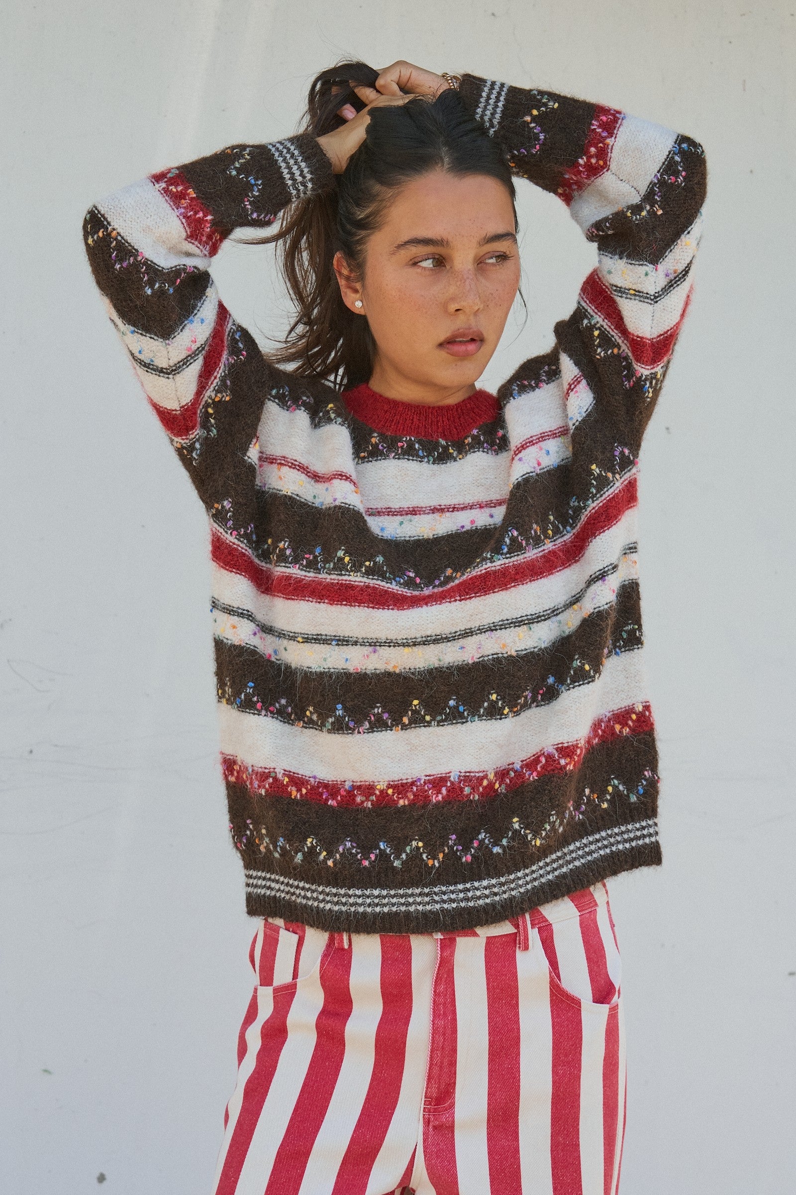 Fair Isle Stripe Fuzzy Knit Sweater in Brown - Women's Sweaters | Urban Daizy
