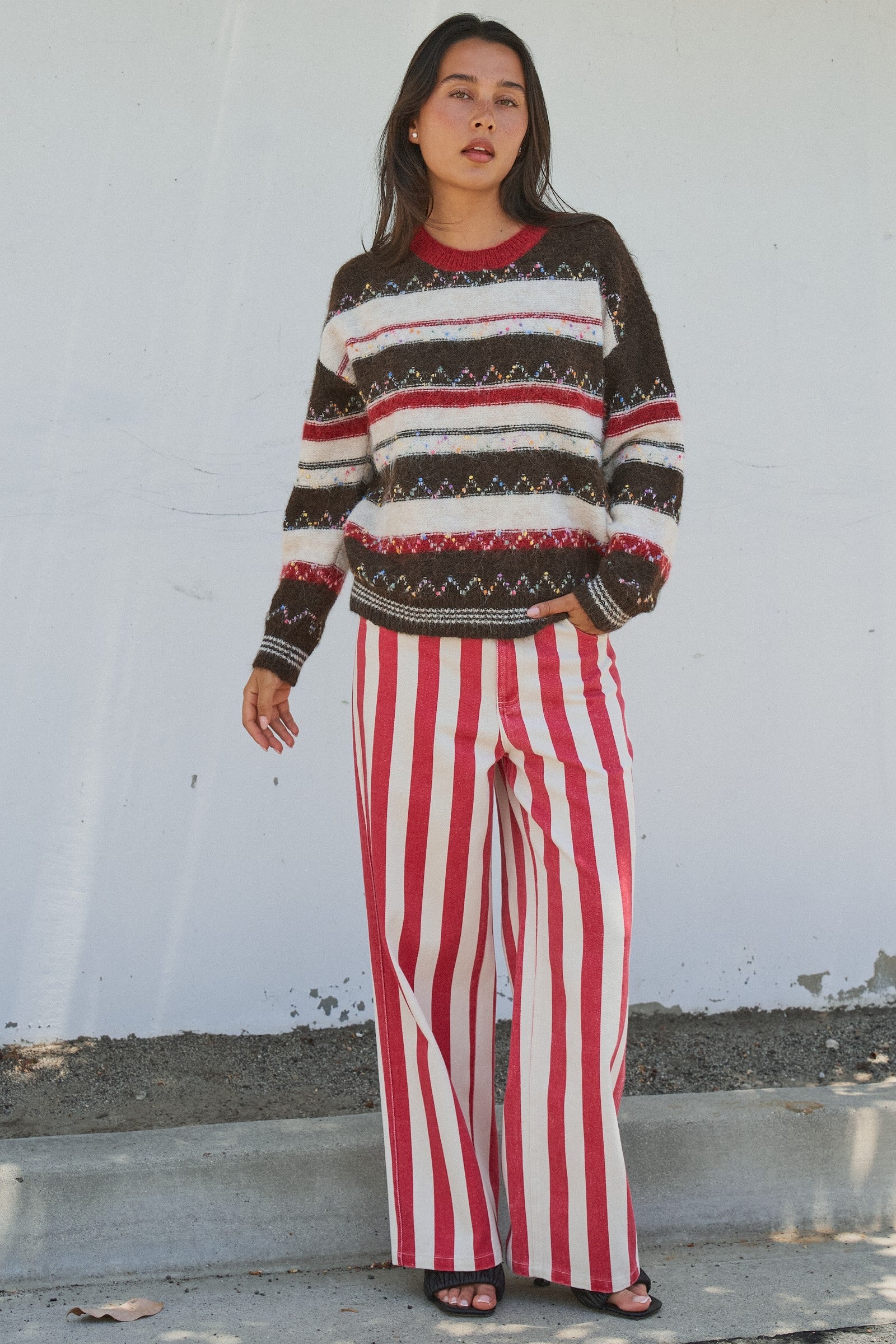 Fair Isle Stripe Fuzzy Knit Sweater in Brown - Women's Sweaters | Urban Daizy