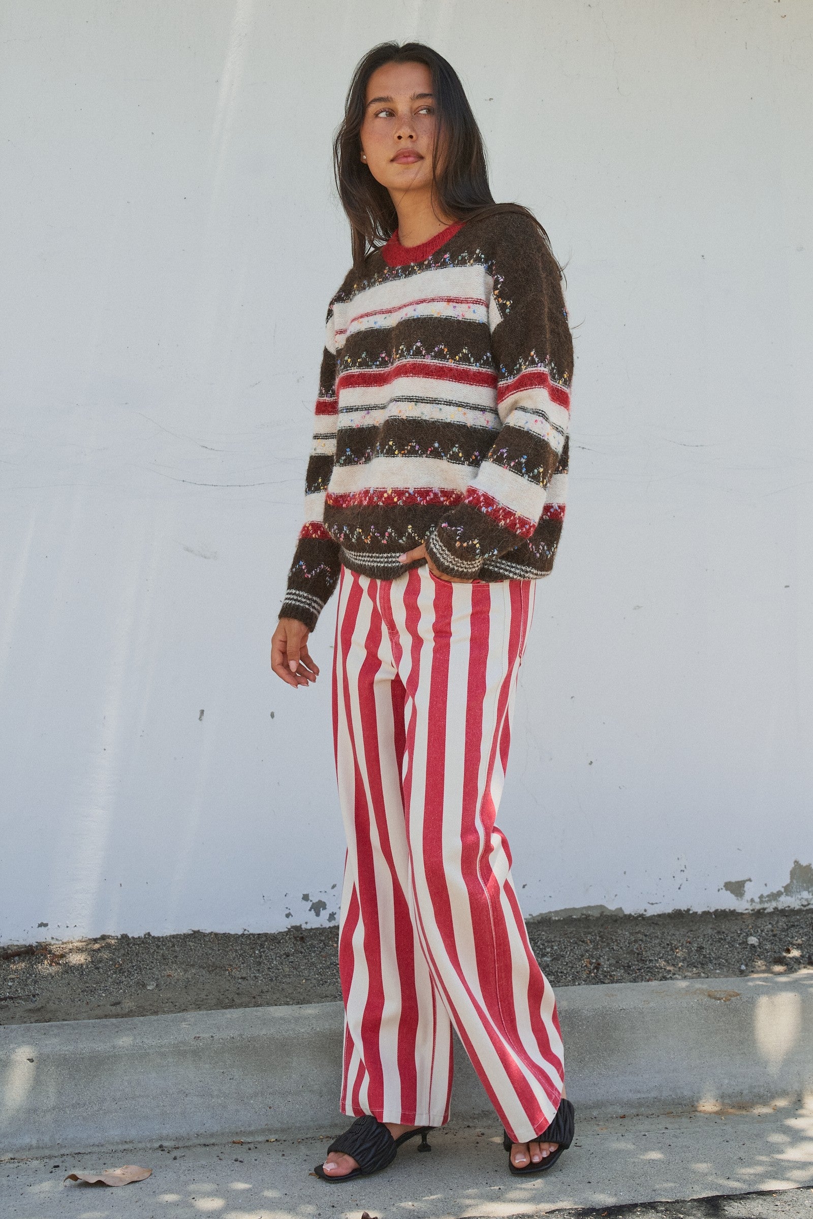Fair Isle Stripe Fuzzy Knit Sweater in Brown - Women's Sweaters | Urban Daizy