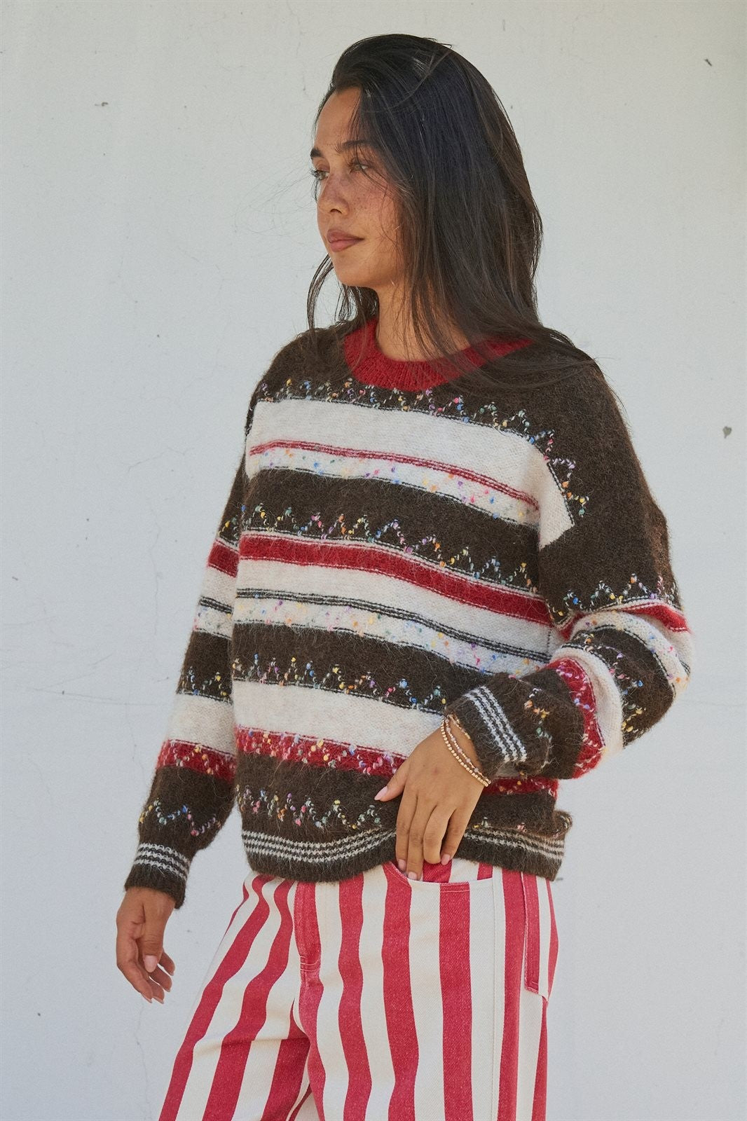 Fair Isle Stripe Fuzzy Knit Sweater in Brown - Women's Sweaters | Urban Daizy