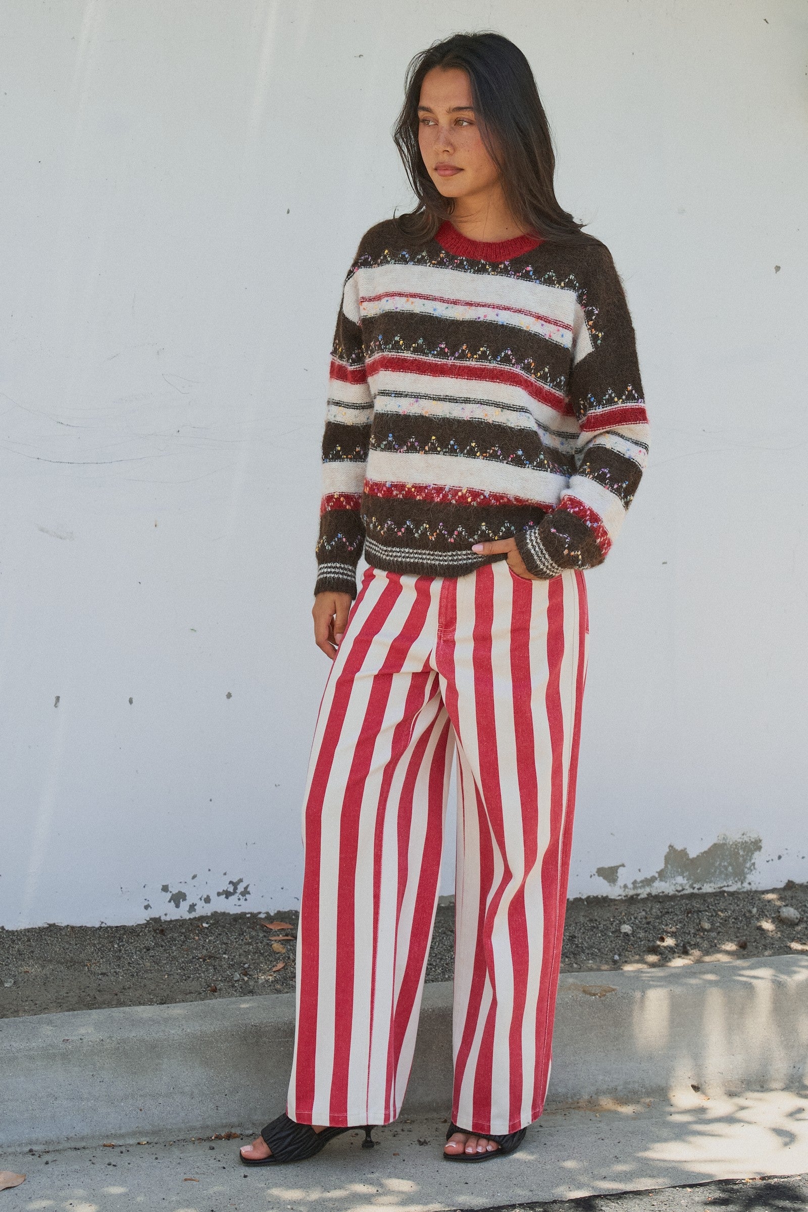 Fair Isle Stripe Fuzzy Knit Sweater in Brown - Women's Sweaters | Urban Daizy