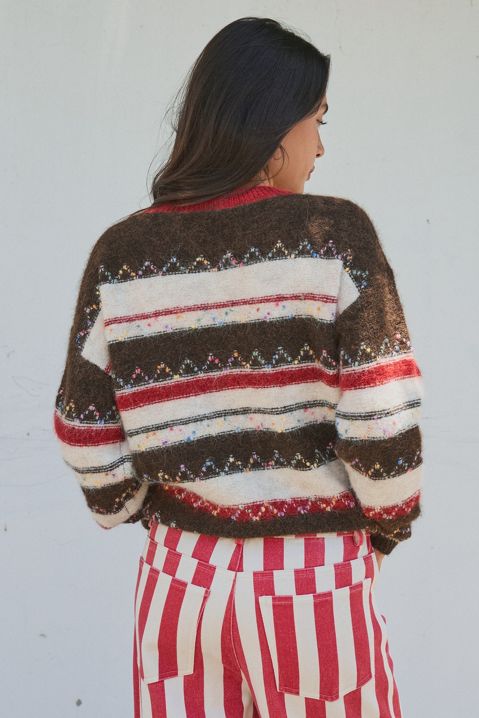 Fair Isle Stripe Fuzzy Knit Sweater in Brown - Women's Sweaters | Urban Daizy
