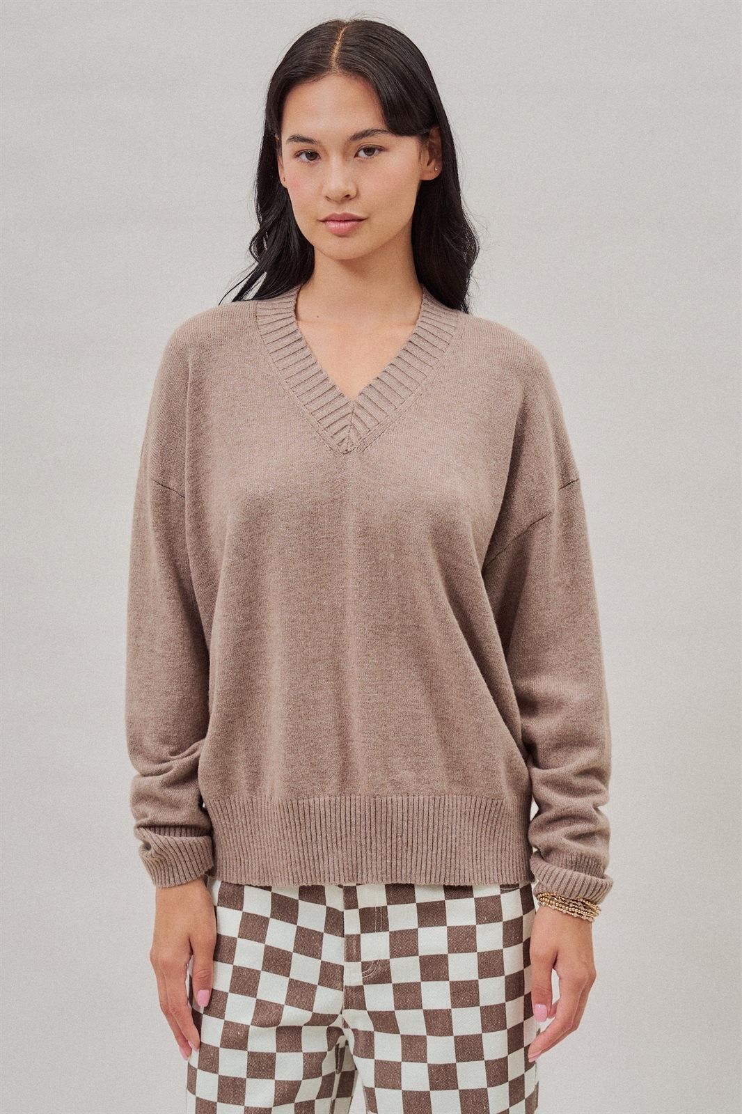 Oversized V Neck Ribbed Trim Knit Pullover in Mocha - Women's Sweaters | Urban Daizy