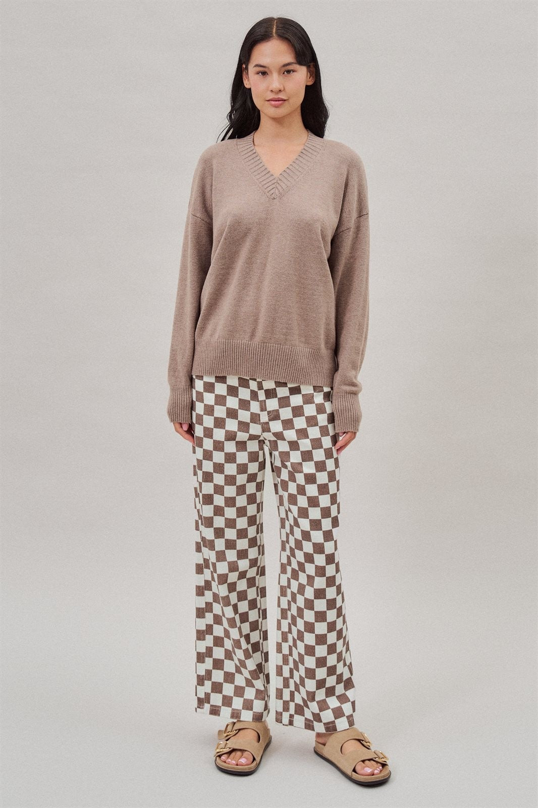 Oversized V Neck Ribbed Trim Knit Pullover in Mocha - Women's Sweaters | Urban Daizy