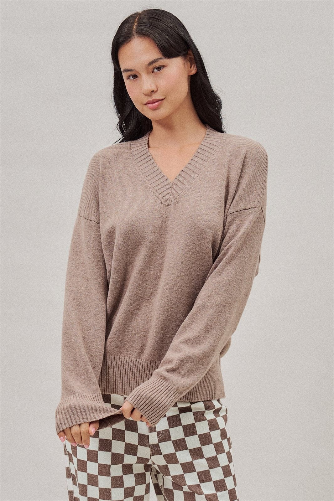 Oversized V Neck Ribbed Trim Knit Pullover in Mocha - Women's Sweaters | Urban Daizy