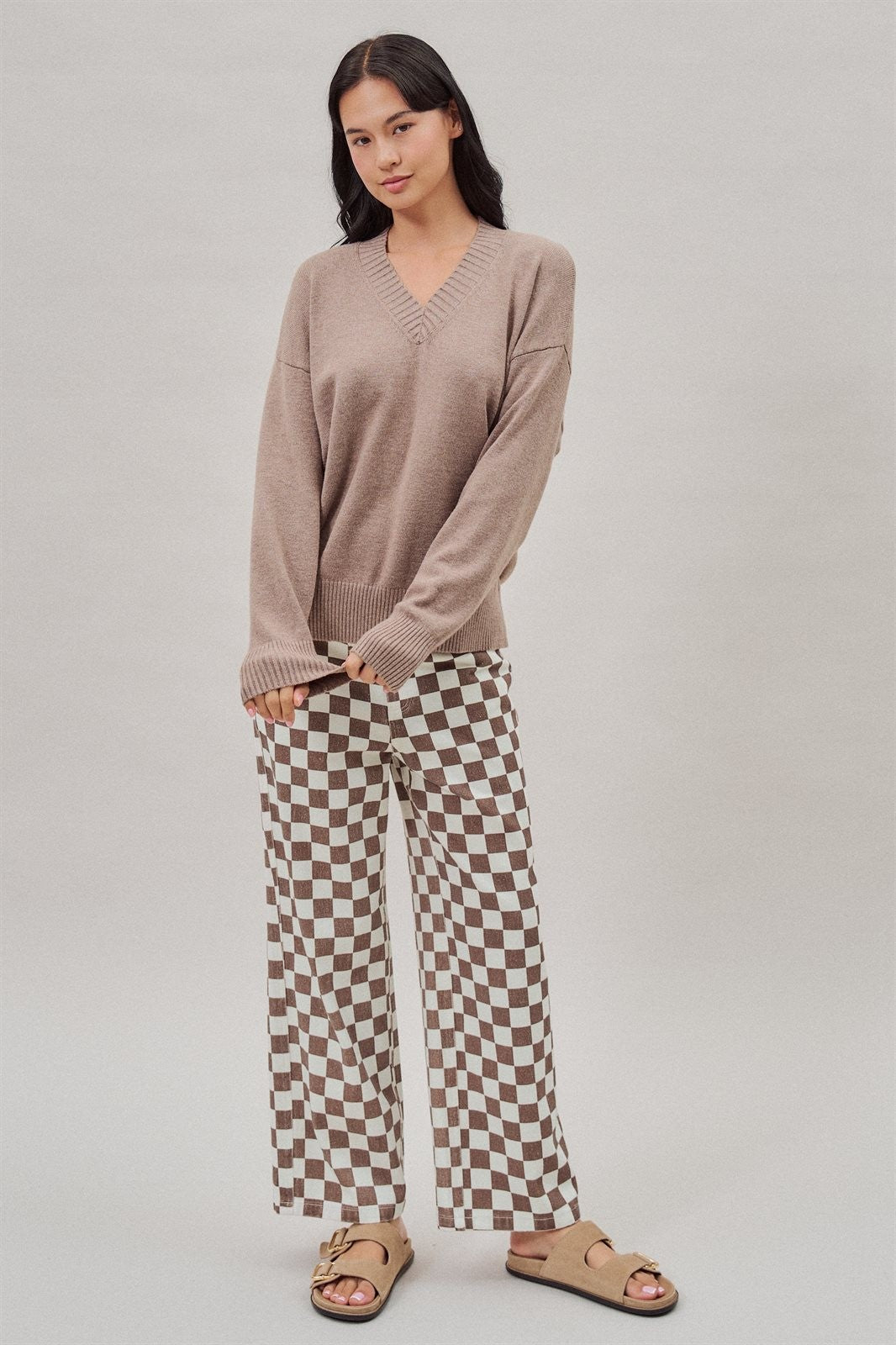 Oversized V Neck Ribbed Trim Knit Pullover in Mocha - Women's Sweaters | Urban Daizy