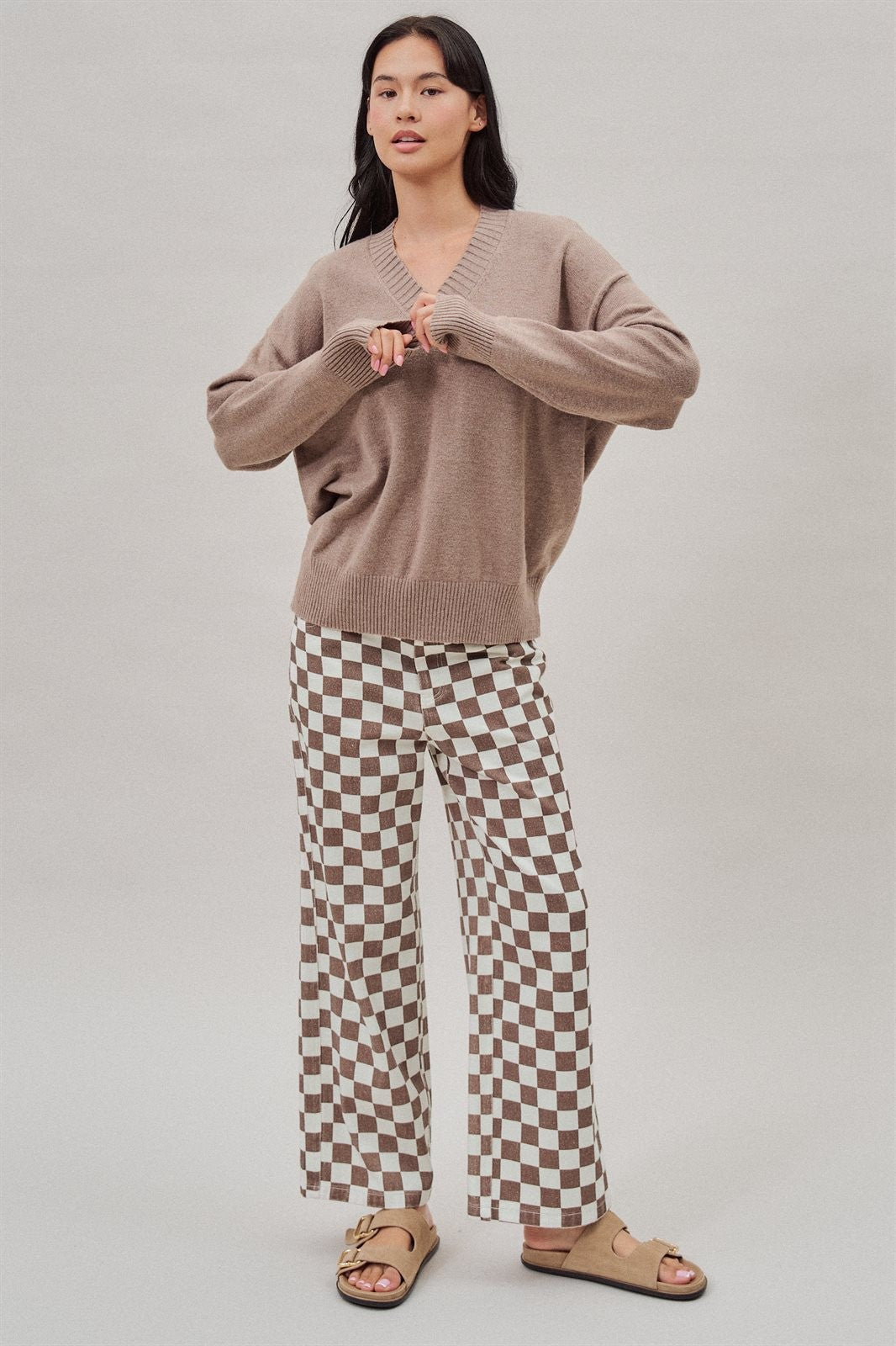 Oversized V Neck Ribbed Trim Knit Pullover in Mocha - Women's Sweaters | Urban Daizy