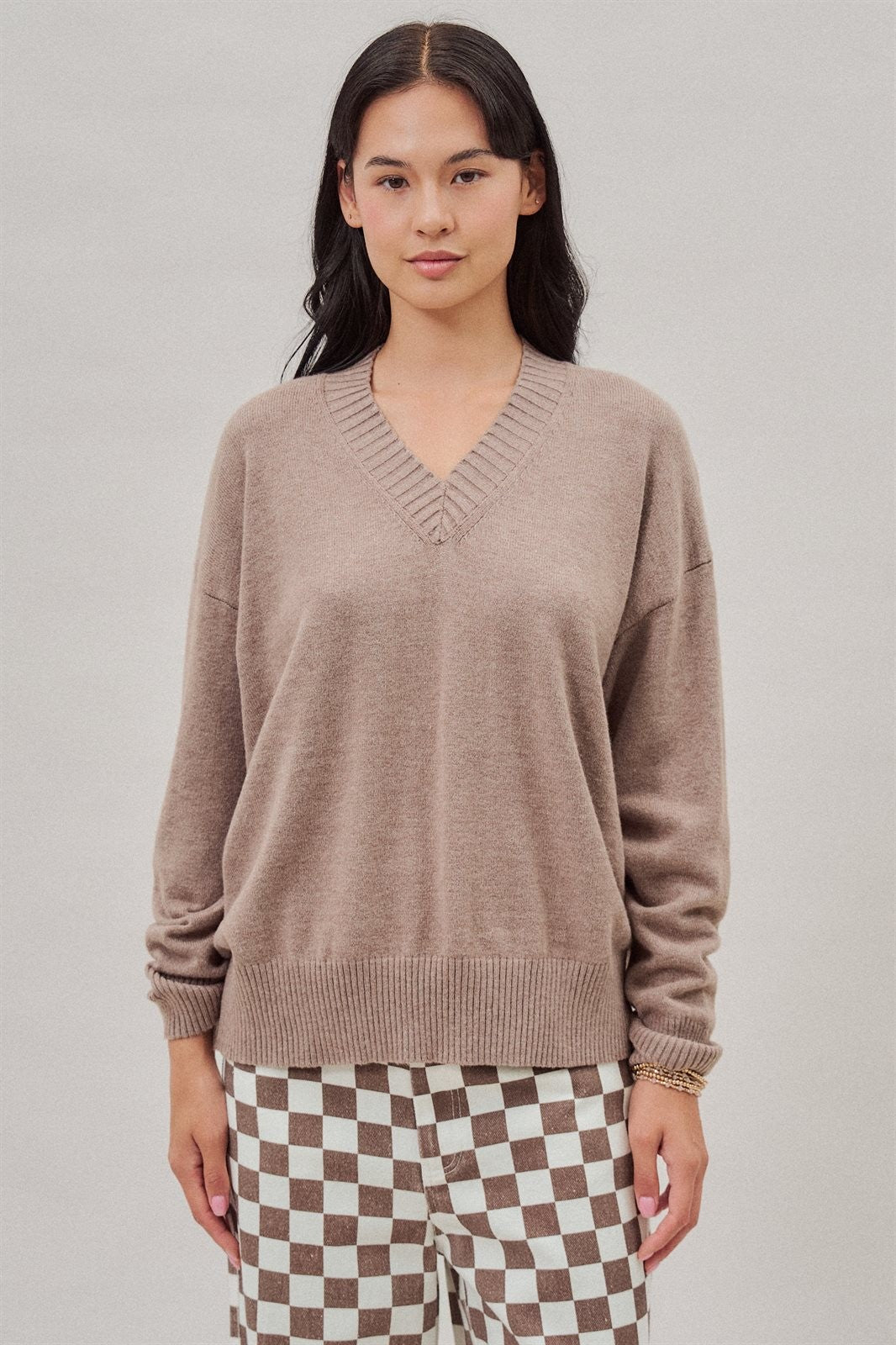 Oversized V Neck Ribbed Trim Knit Pullover in Mocha - Women's Sweaters | Urban Daizy