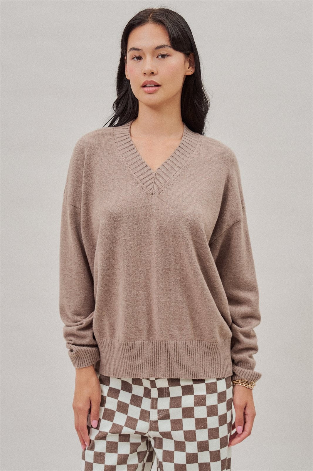 Oversized V Neck Ribbed Trim Knit Pullover in Mocha - Women's Sweaters | Urban Daizy