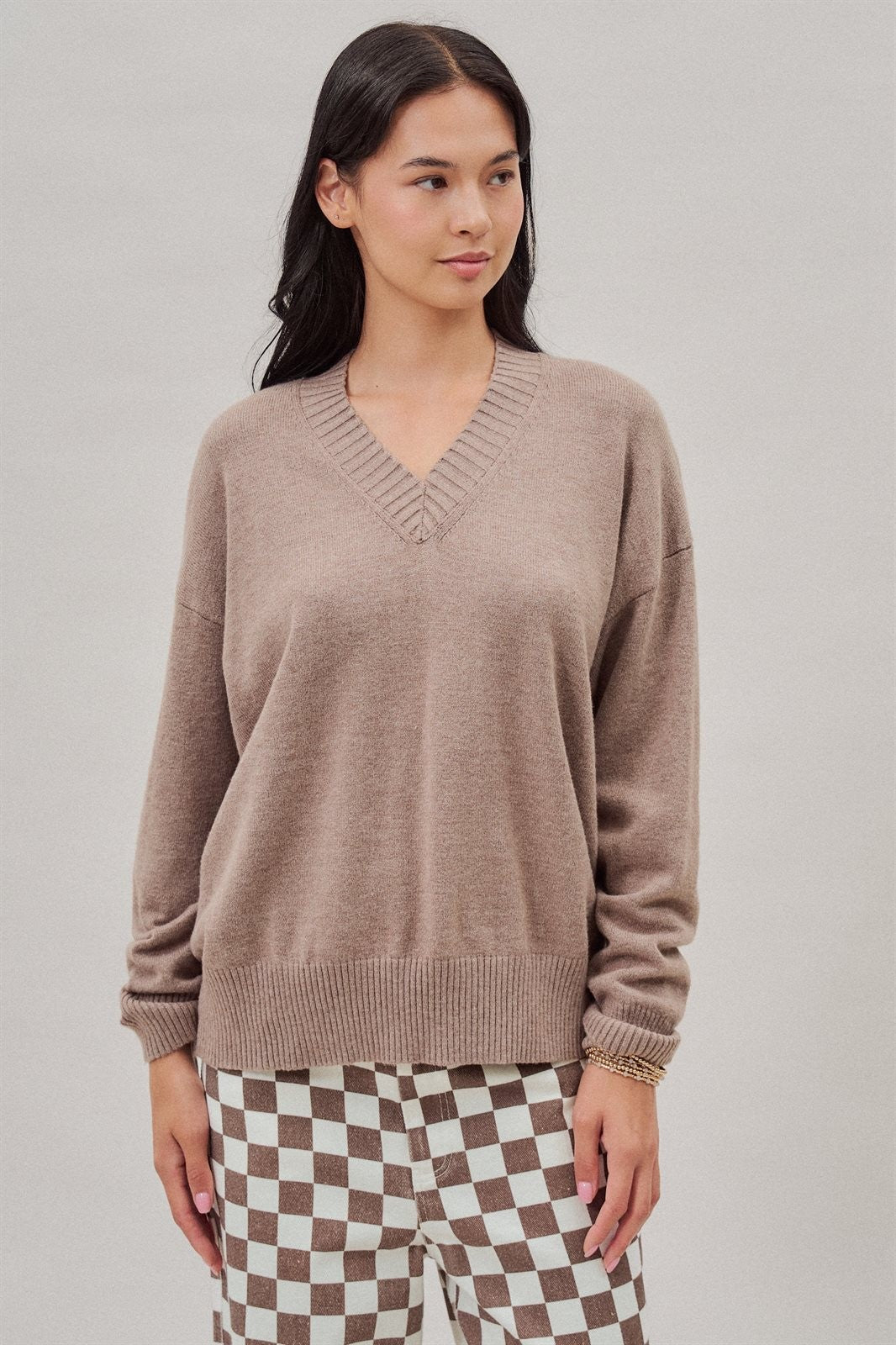 Oversized V Neck Ribbed Trim Knit Pullover in Mocha - Women's Sweaters | Urban Daizy