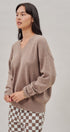 Oversized V Neck Ribbed Trim Knit Pullover in Mocha - Women's Sweaters | Urban Daizy